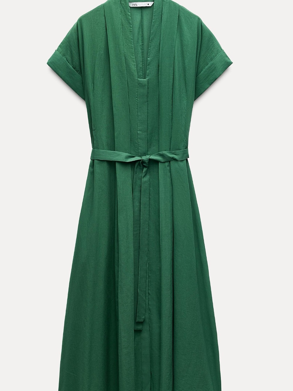Zara Emerald V-Neck Midi Pleated Dress with Self-Tie Belt
